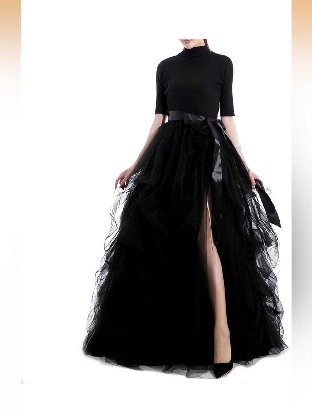 Elegant Black Tulle High-Slit skirt